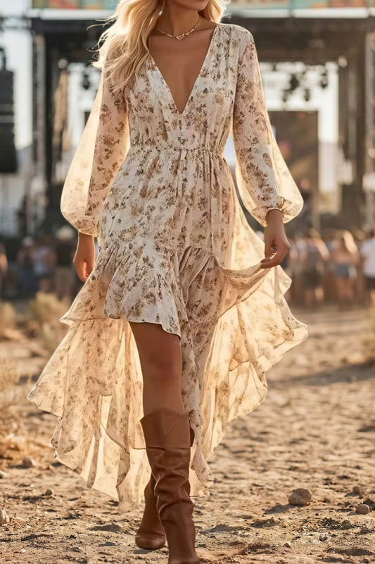 Boho Floral Ruffle High Low Dress