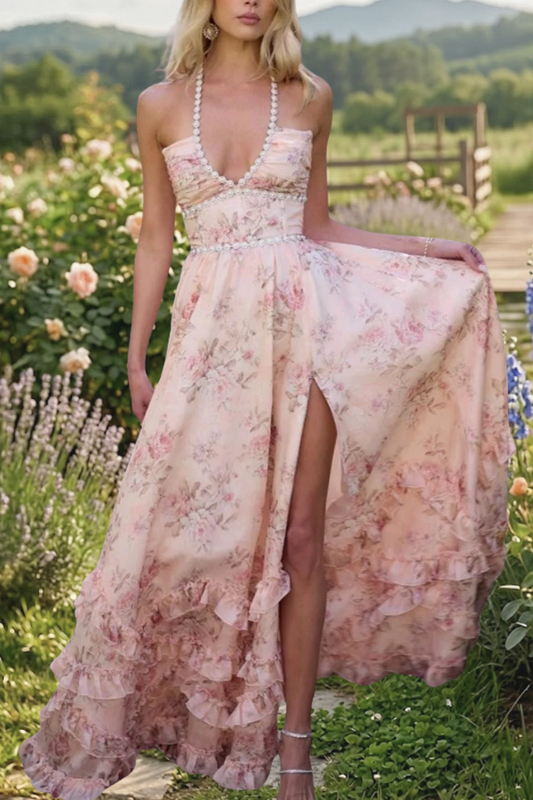 Floral Halter Ruffle High Slit Maxi