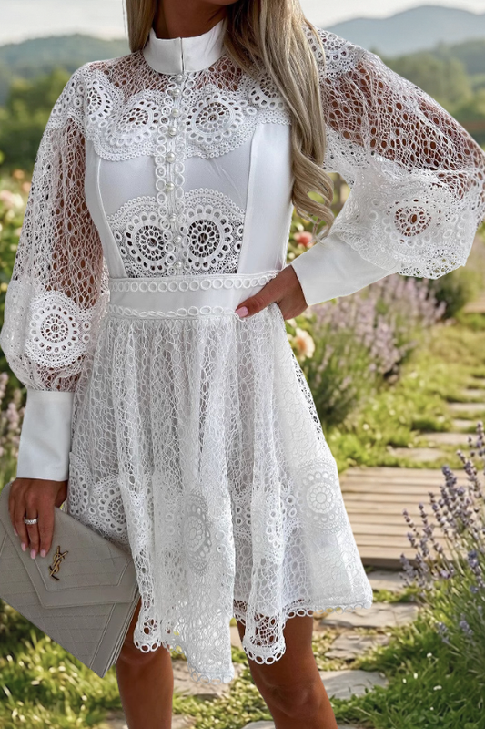 Elegant Hollow Out Lace Lantern Mini Dress
