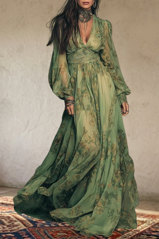 Floral Print Lantern Sleeve Chiffon Maxi Dress