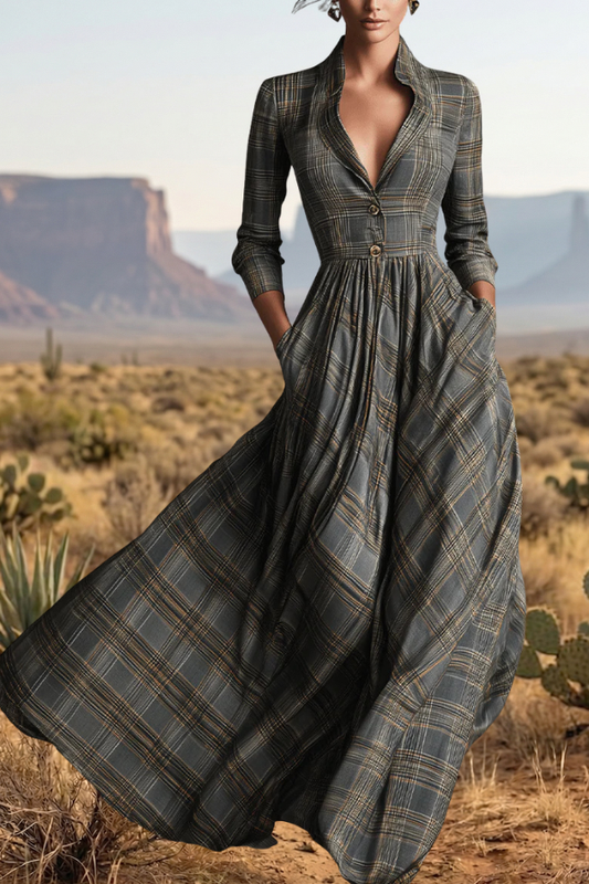 Vintage Plaid Lapel Pleated Maxi Dress