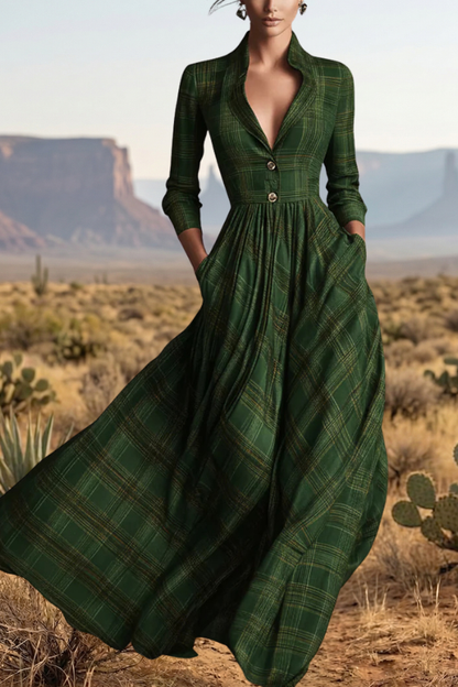 Vintage Plaid Lapel Pleated Maxi Dress