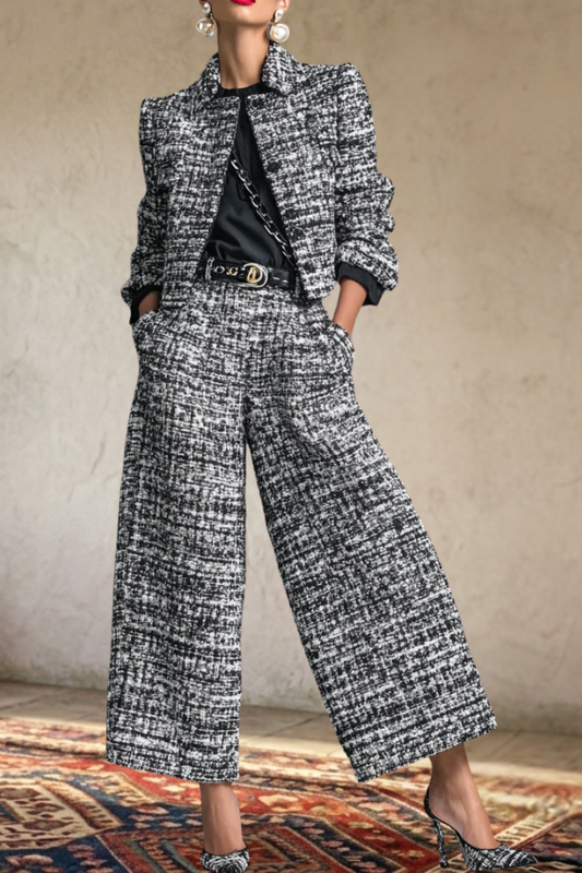 Tweed Cropped Jacket Wide Leg Pants Set