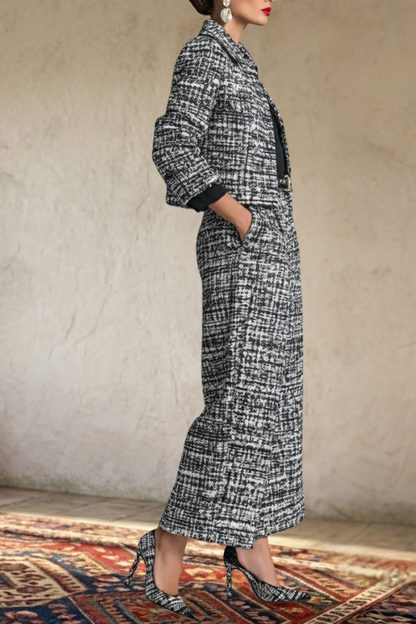 Tweed Cropped Jacket Wide Leg Pants Set
