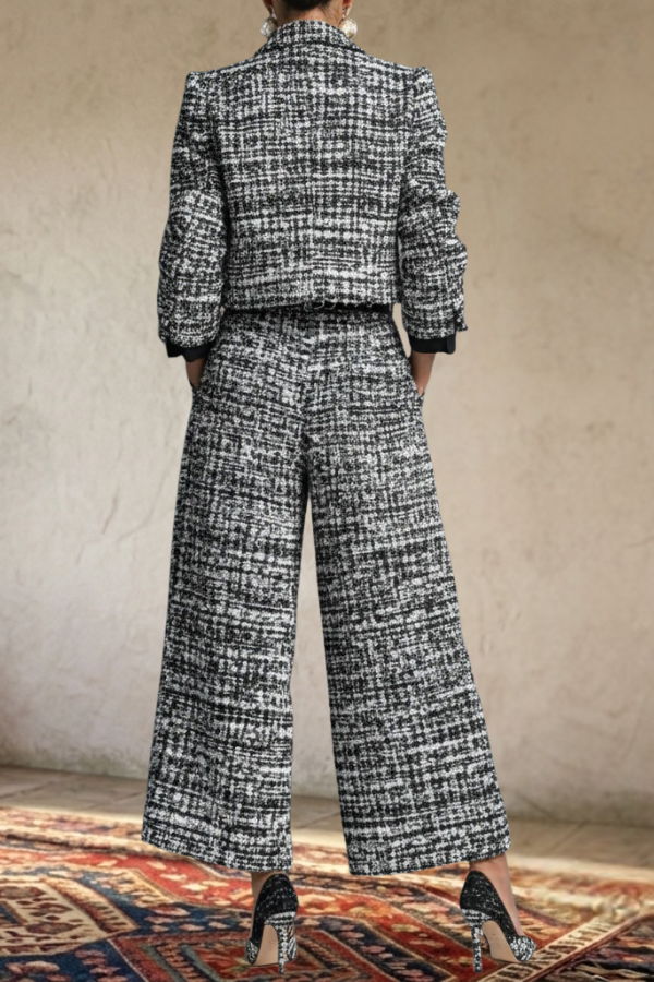 Tweed Cropped Jacket Wide Leg Pants Set