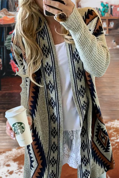 Western Aztec Cowichan Print Cardigan Sweater