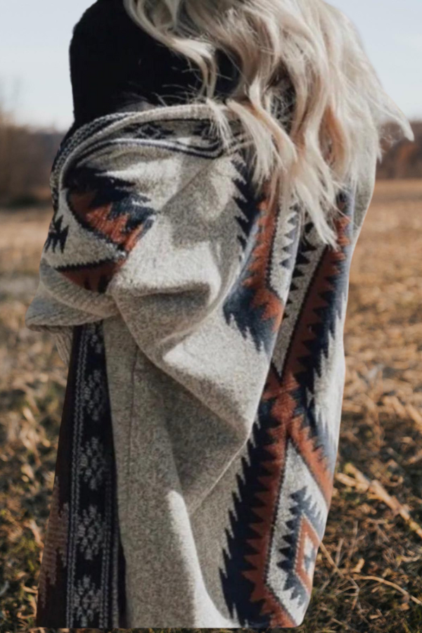 Western Aztec Cowichan Print Cardigan Sweater