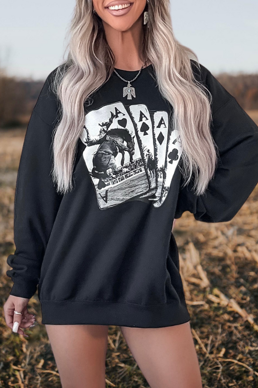 Rodeo Aces Card Cowboy Print Sweatshirt