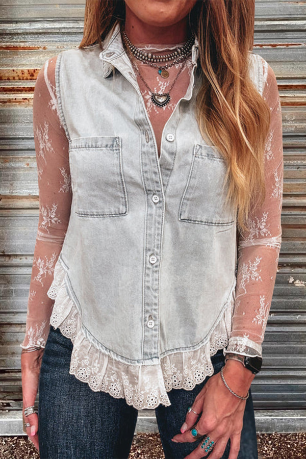 Vintage Washed Lace Trim Denim Vest