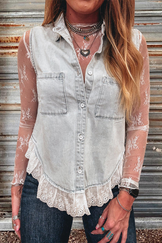 Vintage Washed Lace Trim Denim Vest