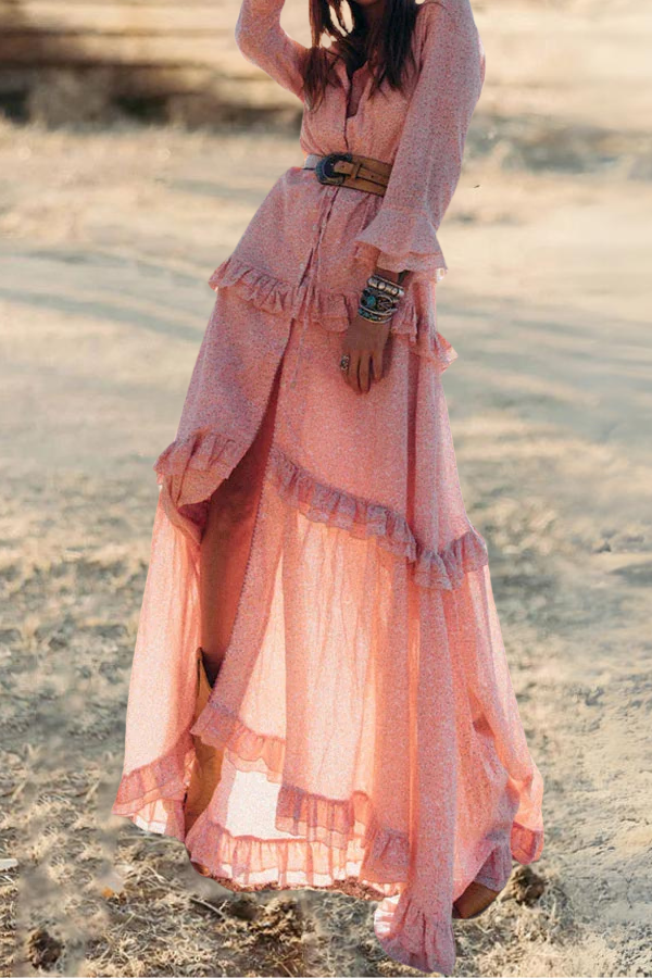 Romantic Flower Print Ruffle Maxi Dress