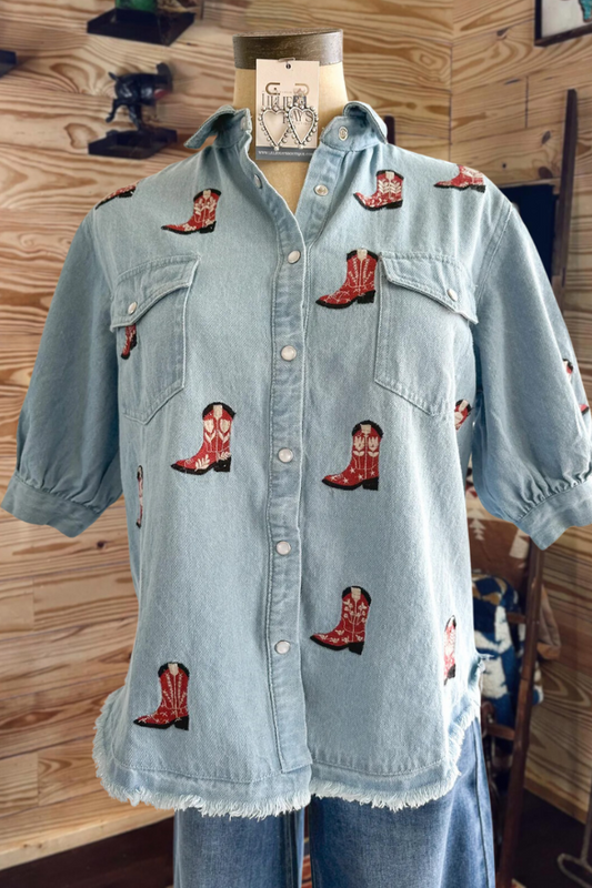 Boots Pearl Snap Denim Long Sleeve Top