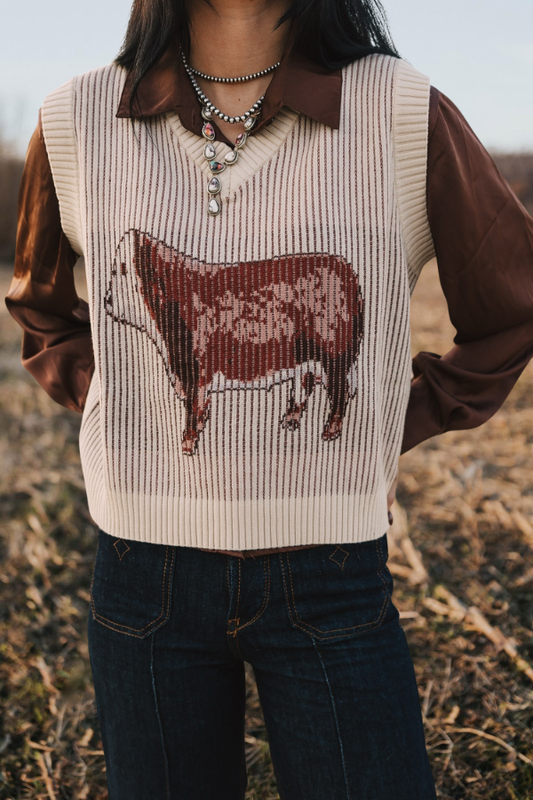 Cattle Graphic V Neck Knit Vest
