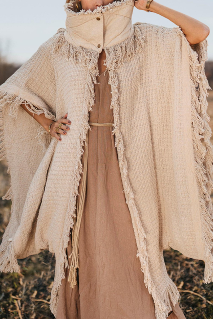Fringed Textured High Collar Poncho