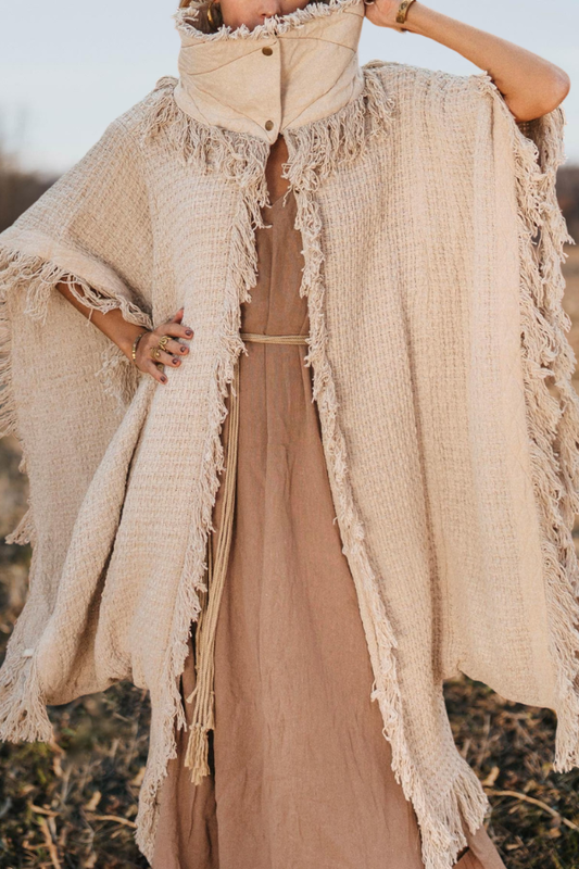 Fringed Textured High Collar Poncho