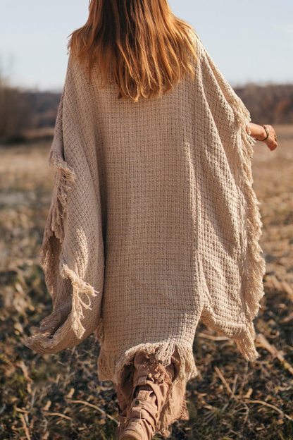 Fringed Textured High Collar Poncho