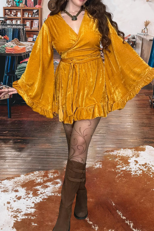 Velvet Bell Sleeves Wrap Mini Dress