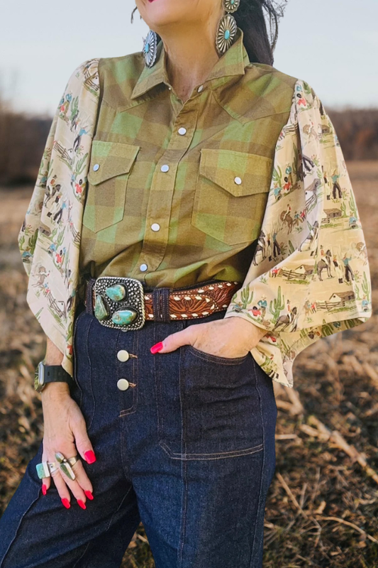 Western Green Checkered Sleeve Shirt