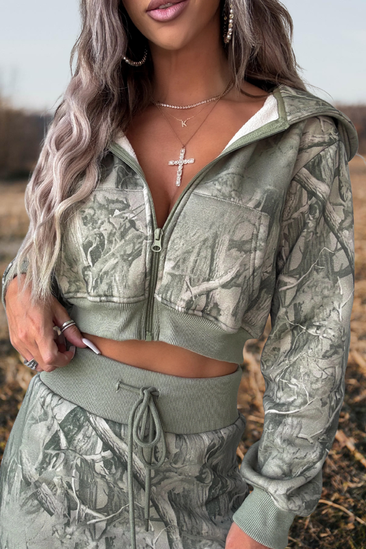 Camouflage Print Cropped Zip Hoodie