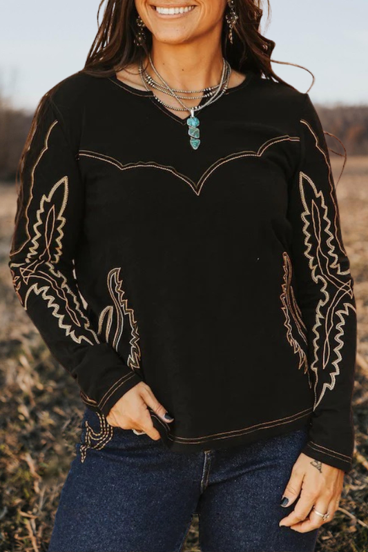 Western  Inspired Embroidered Black Top