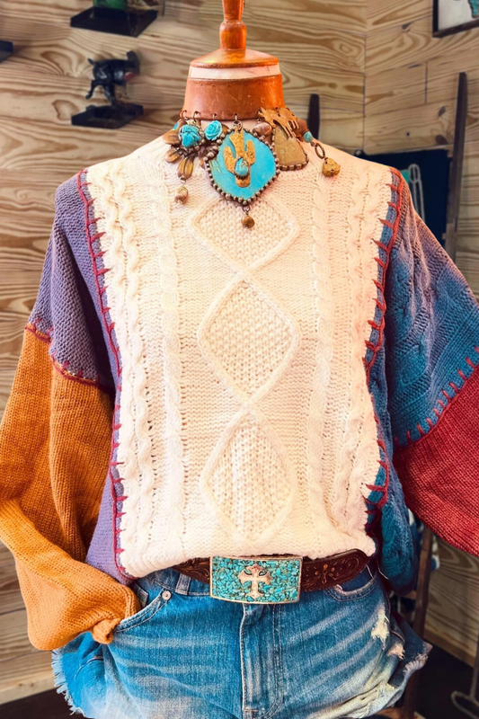 Bohemian Patchwork Cable  Knit Sweater