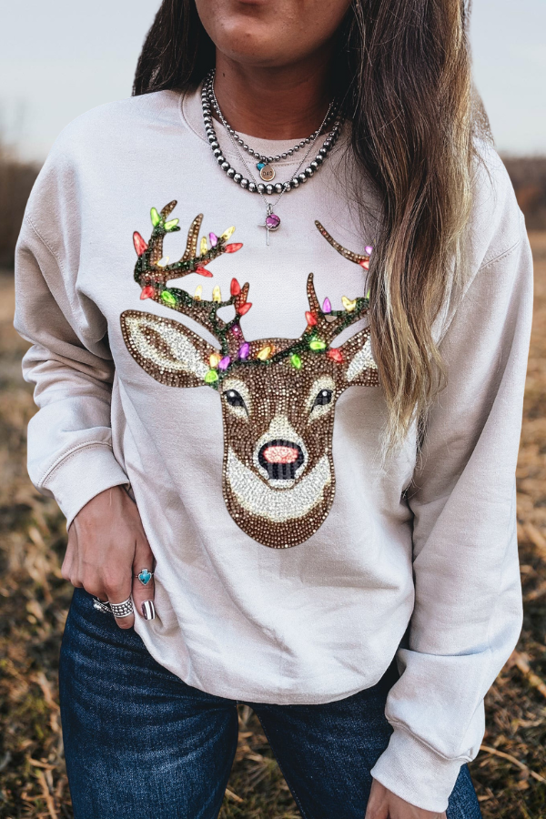 Adorned Sparkling Deer Head Sweatshirt