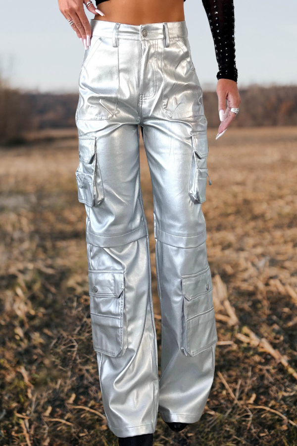 Metallic Silver Cargo Pants