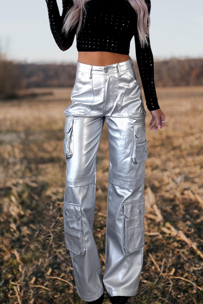 Metallic Silver Cargo Pants