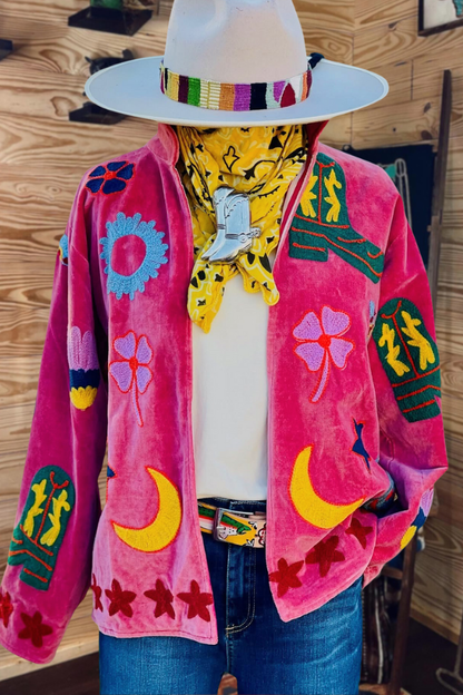 Embroidered Pink Velvet Western Jacket