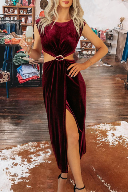 Burgundy Velvet Cut Out Midi Dress