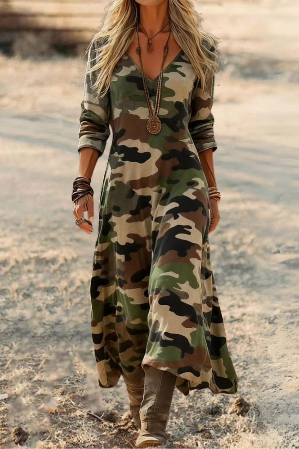 Camouflage V Neck Long Dress