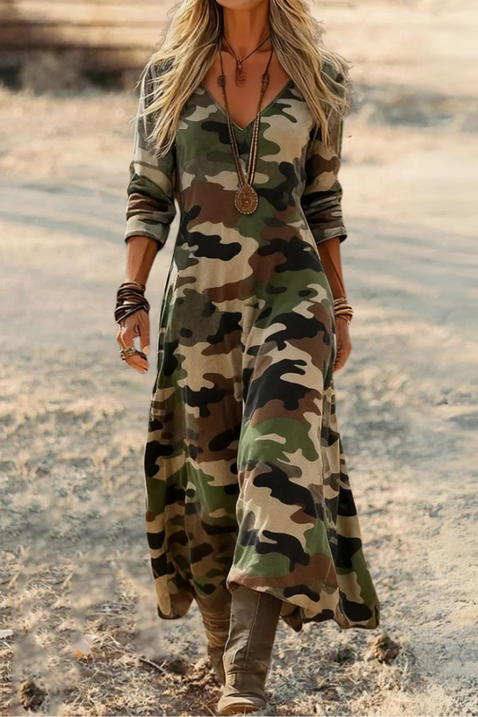 Camouflage V Neck Long Dress