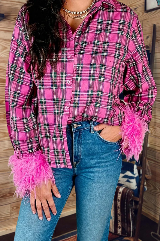 Pink Plaid Feather Cuff Western Shirt