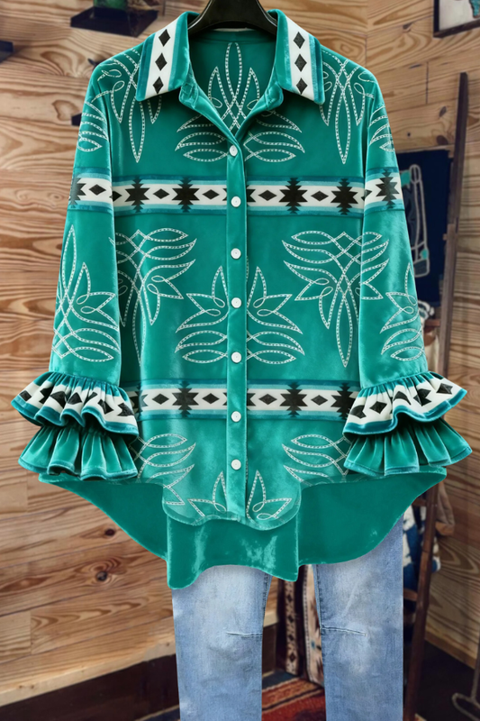 Teal Ethnic-Patterned Velvet Boho Shirt