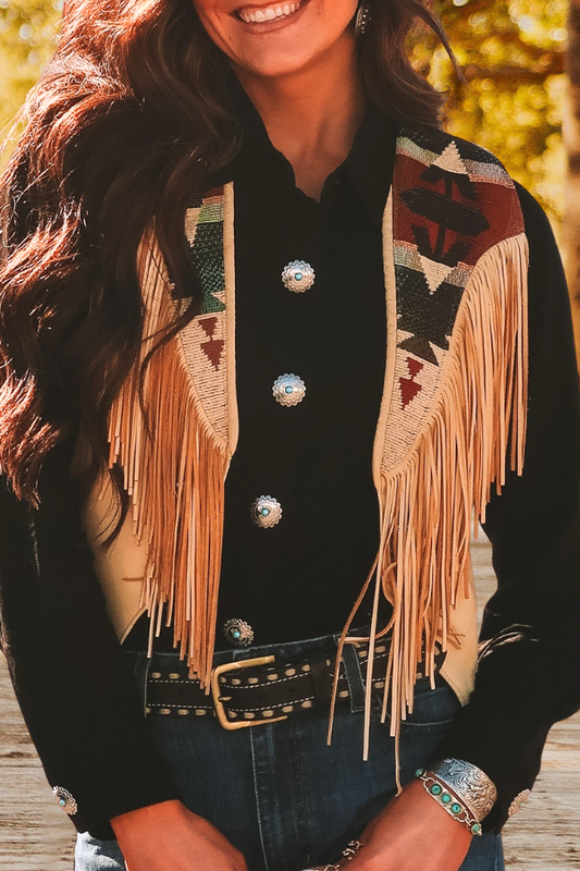 Western Aztec Print Fringe Vest