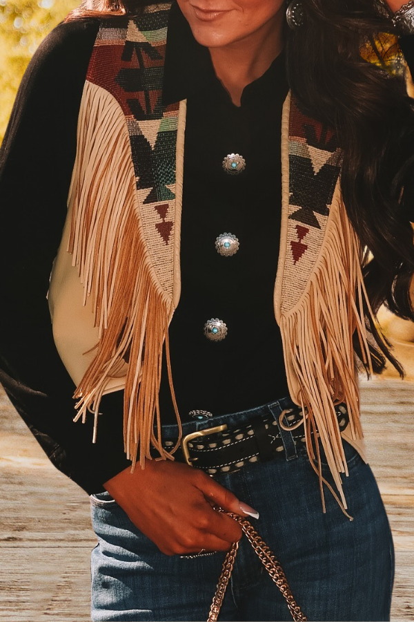 Western Aztec Print Fringe Vest