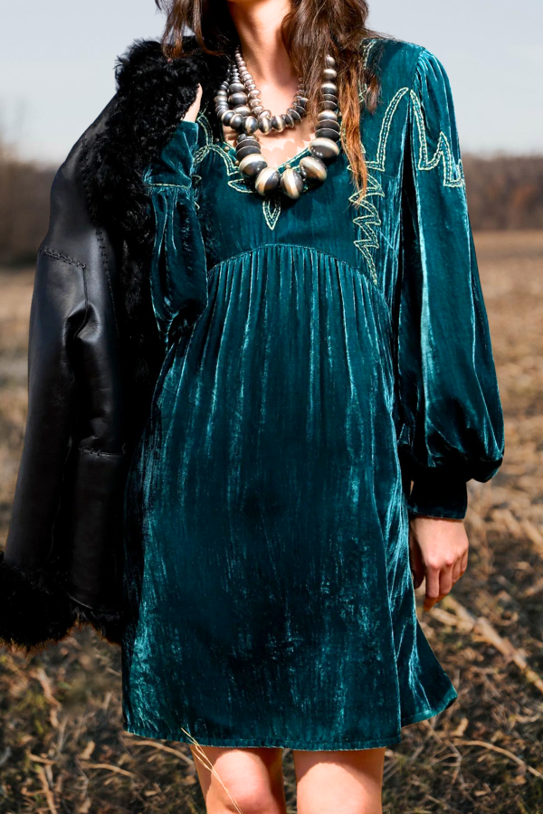 Embellished Velvet Puff Sleeve Dress