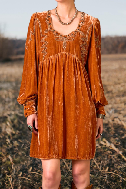 Embellished Velvet Puff Sleeve Dress