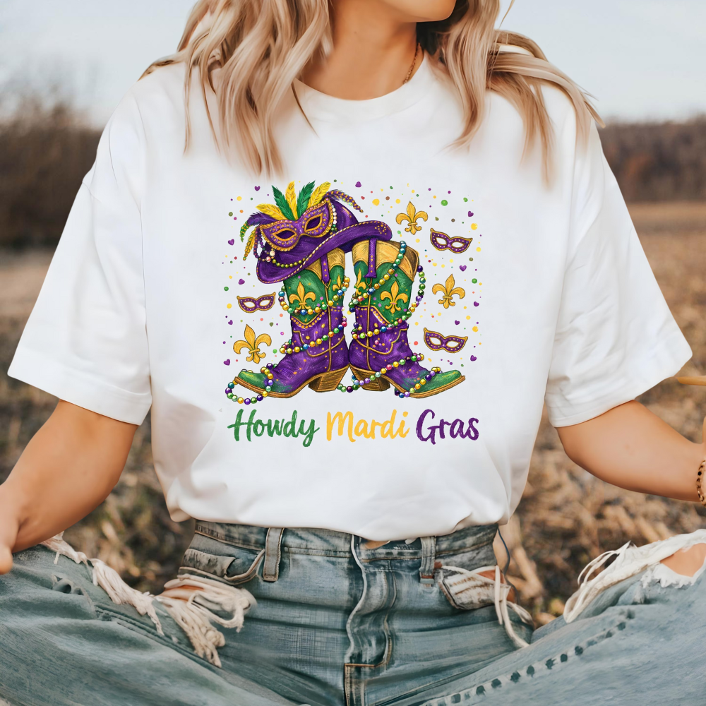 Howdy Mardi Gras Cowboy Boot Graphic Tee