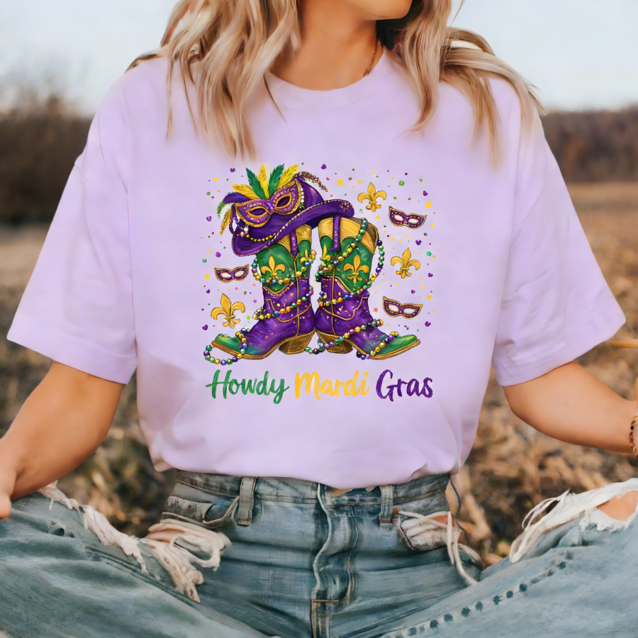 Howdy Mardi Gras Cowboy Boot Graphic Tee
