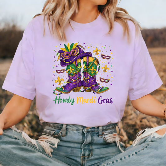 Howdy Mardi Gras Cowboy Boot Graphic Tee
