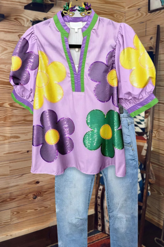 Mardi Gras Sequin Flower Blouse