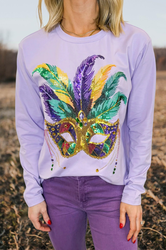 Mardi Gras Sequin Mask Feather Sweatshirt