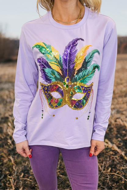 Mardi Gras Sequin Mask Feather Sweatshirt