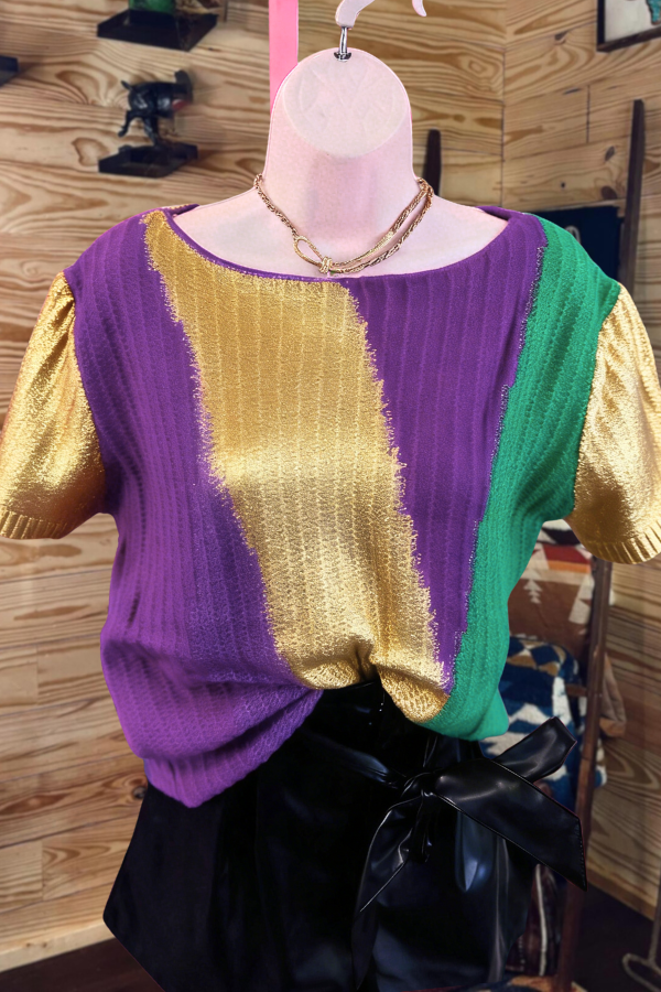 Mardi Gras Metallic Striped Knit Top