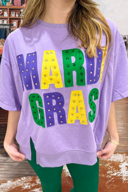 Oversized Mardi Gras Studded Bling Graphic Sweatshirt