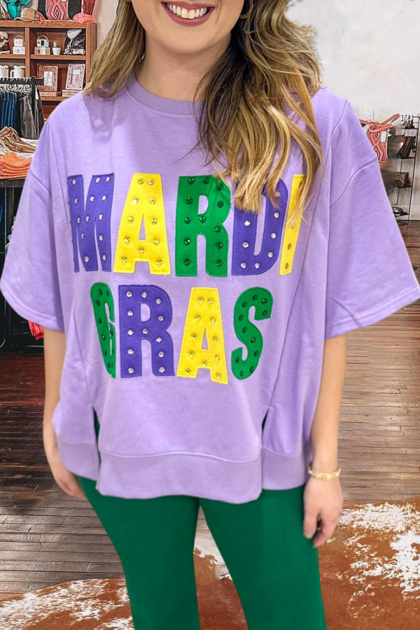 Oversized Mardi Gras Studded Bling Graphic Sweatshirt