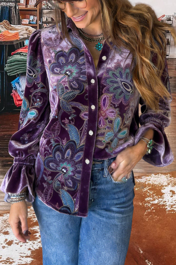 Vintage Floral Print Flared Cuffs Velvet Shirt