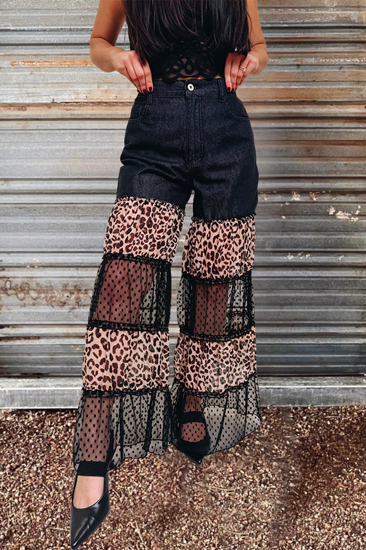 Leopard Print Lace Denim Patchwork Pants