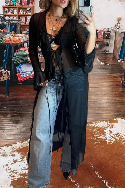 Ruffle Trim Sheer Tie Front Cardigan